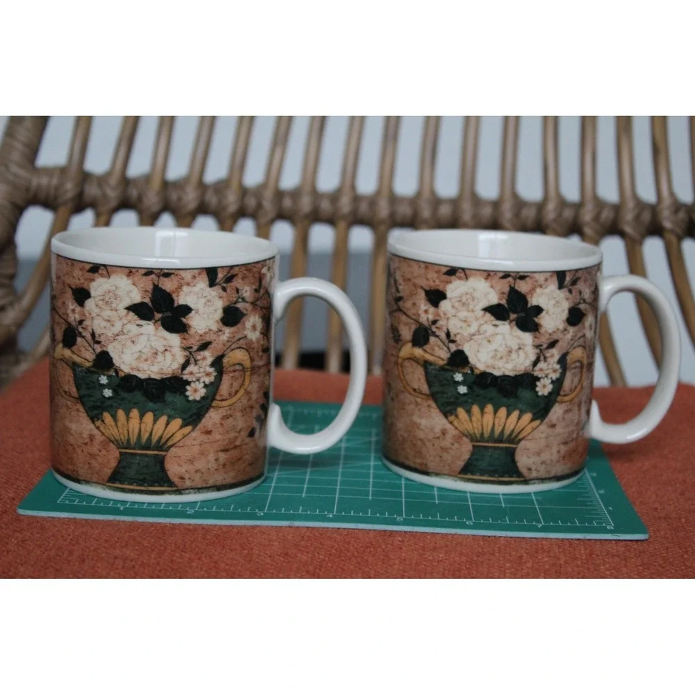 Sakura Warren Kimble White Roses Coffee Mugs Set of 2 Vintage 1997 Floral Brown - Picture 8 of 10